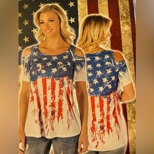 NWT women’s Liberty wear cold shoulder 4th of July Flag shirt made in USA size L